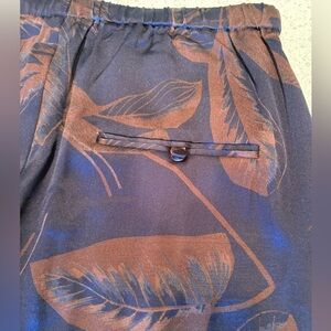 Vince Marine Palm Leaf Silk Navy & Brown Elastic Waistband Tie Front Pajama Pant